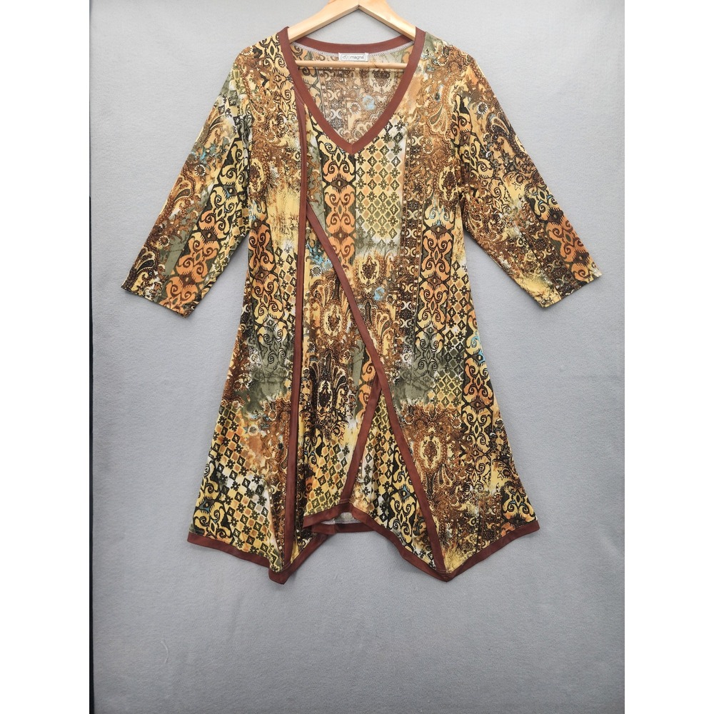 Magna Tunic Top Womens 10/12 Paisley Patchwork V-Neck Sharkbite Hem Boho Lagen